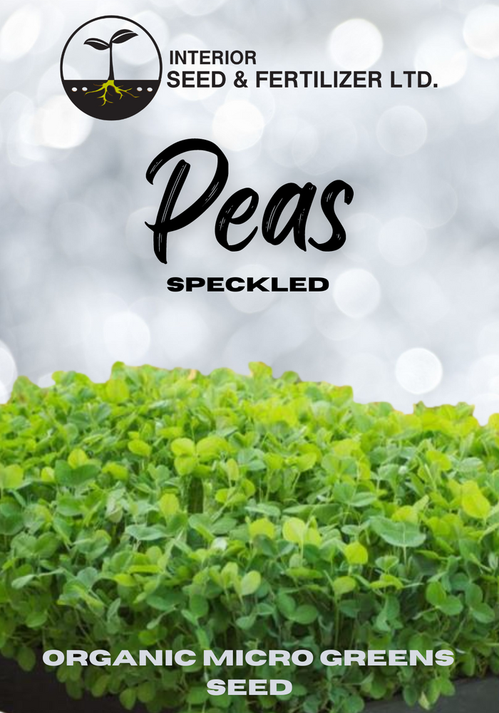 Speckled Peas Organic Microgreens Seed. Grow them effortlessly at home and enjoy their vibrant green color and delightful crunch in just a few days. From Interior Seed and Fertilizer Garden Center in Cranbrook BC