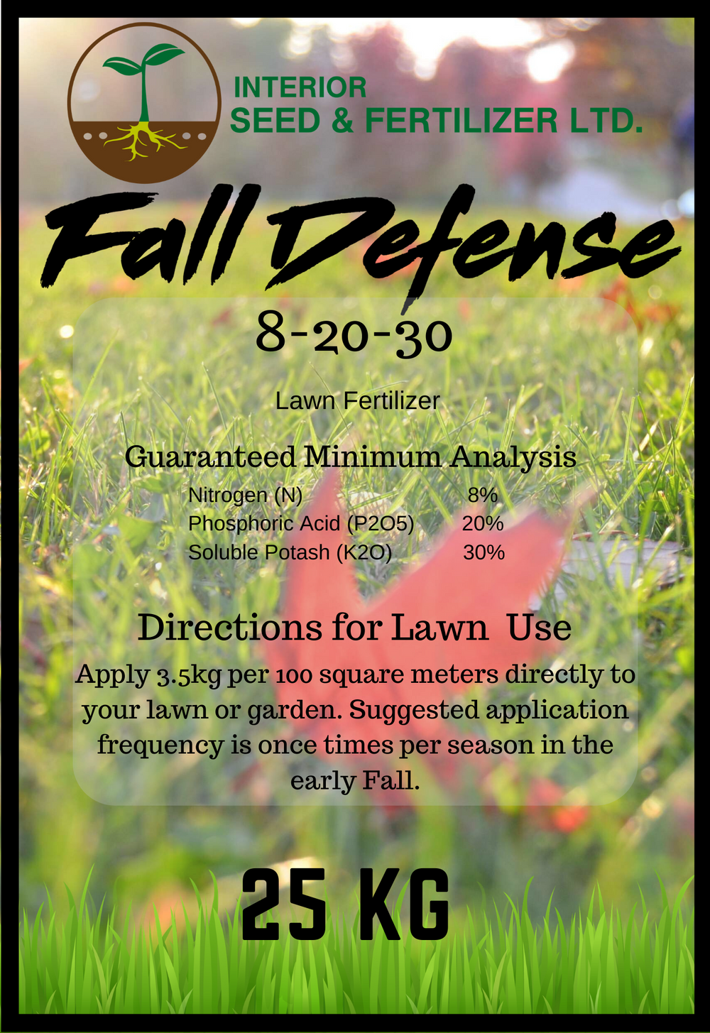 Fall Defense Lawn Fertilizer. Prepare your lawn for autumn and winter. 8-20-30 Fertilizer from Interior Seed and Fertilizer Garden Centre in Cranbrook, BC