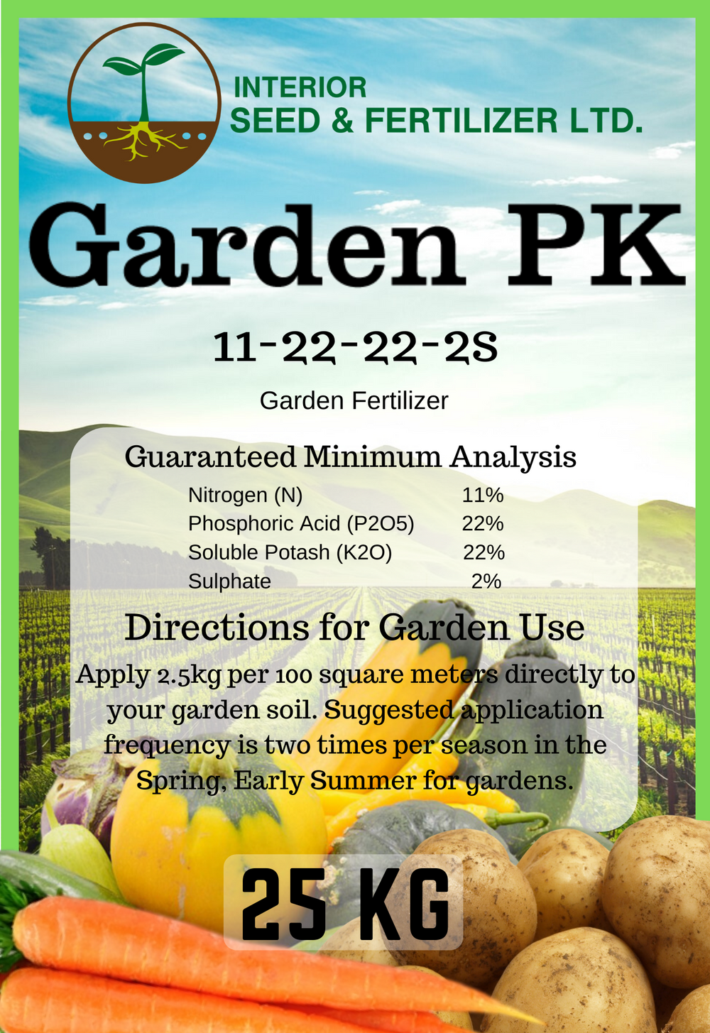 Fertilizer perfect for: Potatoes, Beans, Peas, Carrots, Cucumbers, Celery, Squash and Sunflowers from Interior Seed and Fertilizer Cranbrook BC