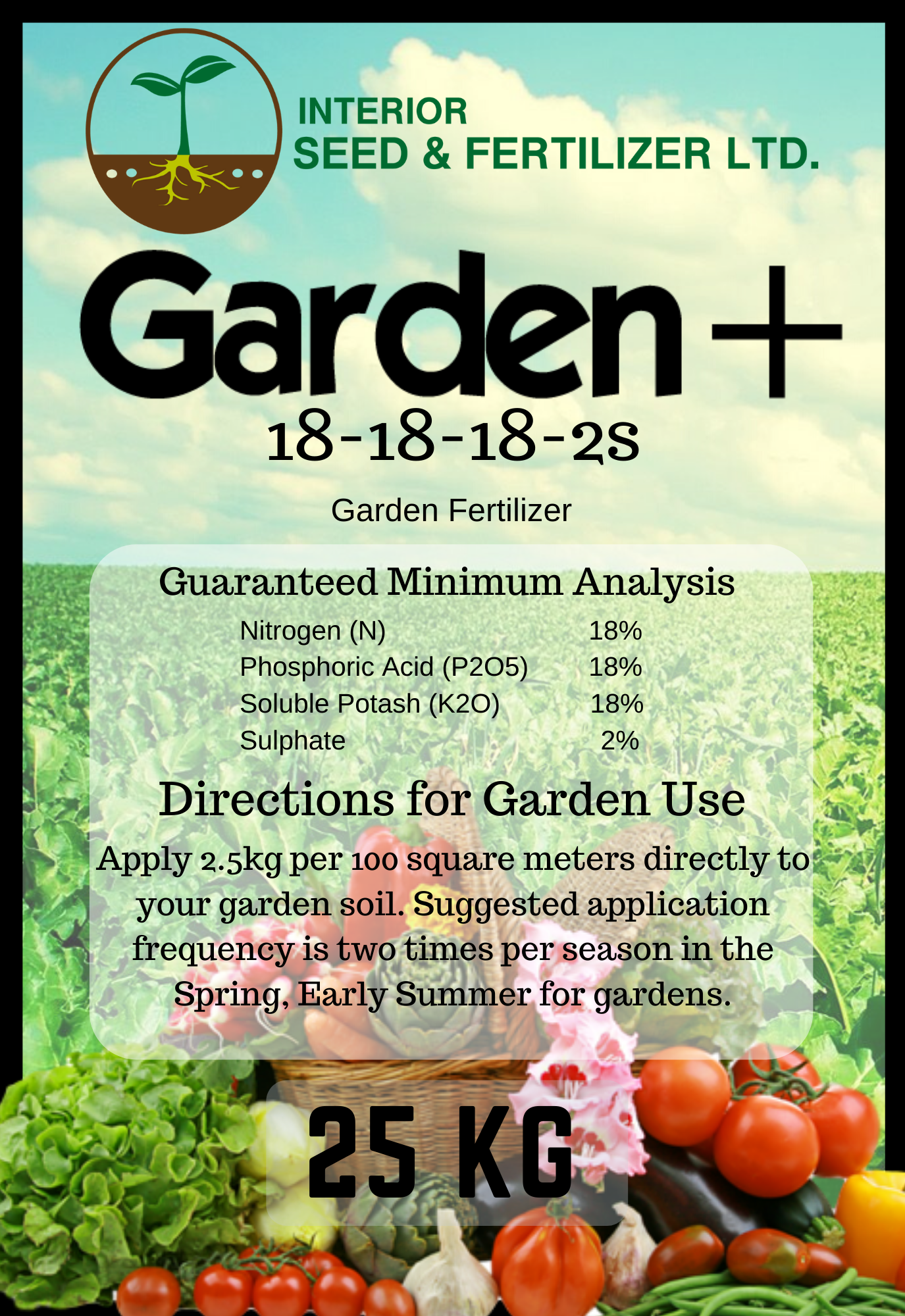 The perfect balanced garden blend specially formulated with the benefits of sulfur, perfect for Tomatoes, Onions, Lettuce, Spinach, Beets, Radish, Corn, Blueberries, Blackberries, Raspberries, and Strawberries. From Interior Seed and Fertilizer Cranbrook BC 