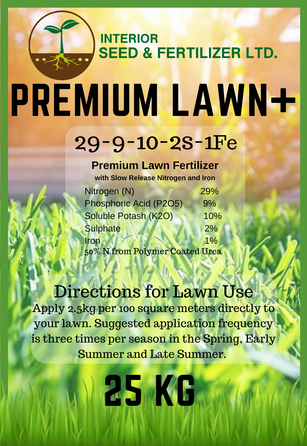 Get the most out of your lawn with this high performing blend. Premium Lawn + has all the benefits of Premium Lawn with the added benefits of Iron. Iron gives your lawn an even deeper more lush appearance.  From Interior Seed and Fertilizer Garden Center and Nursery Cranbrook BC